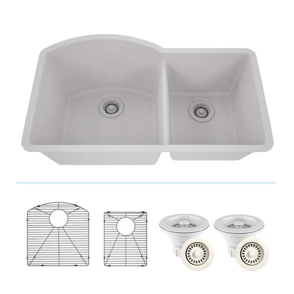 slide 2 of 13, Lexicon Platinum Quartz 32 Inch 70/30 Double Bowl Kitchen Sink with Bottom Grids and Strainers and Disposal Flange Galaxy White