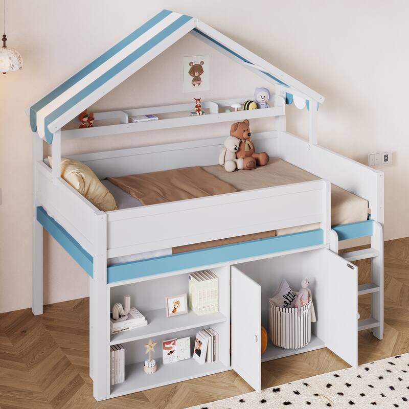 Full Size Loft Bed with Storage Cabinet and House-shaped Canopy Roof Built-in Storage Shelves