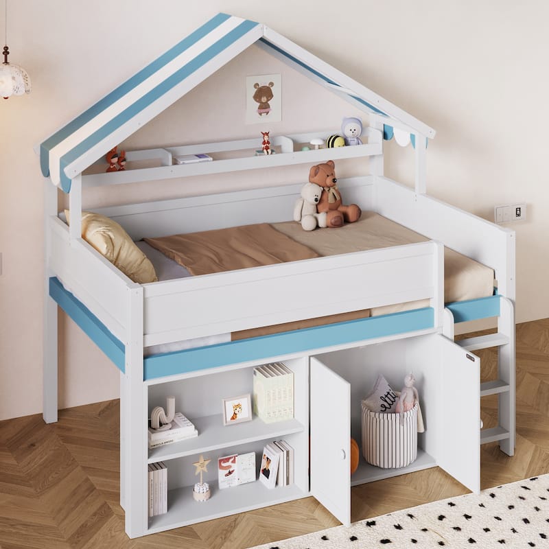 GDFStudio - Solid Wood Full Size Loft Bed with Canopy & Storage Cabinet