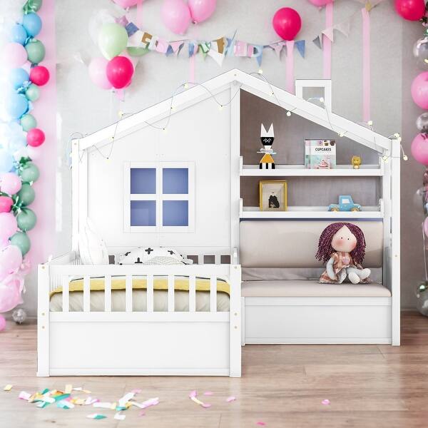 slide 2 of 18, Modern Twin Size Kids Platform Bed House Bed with Sofa with Two Drawers and Storage Shelf White