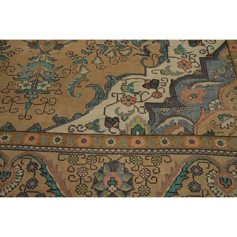 Hand Knotted Oriental 100% Wool Carpet Traditional Floral Brown Tabriz Area Rug - 12' 11'' X 9' 2''