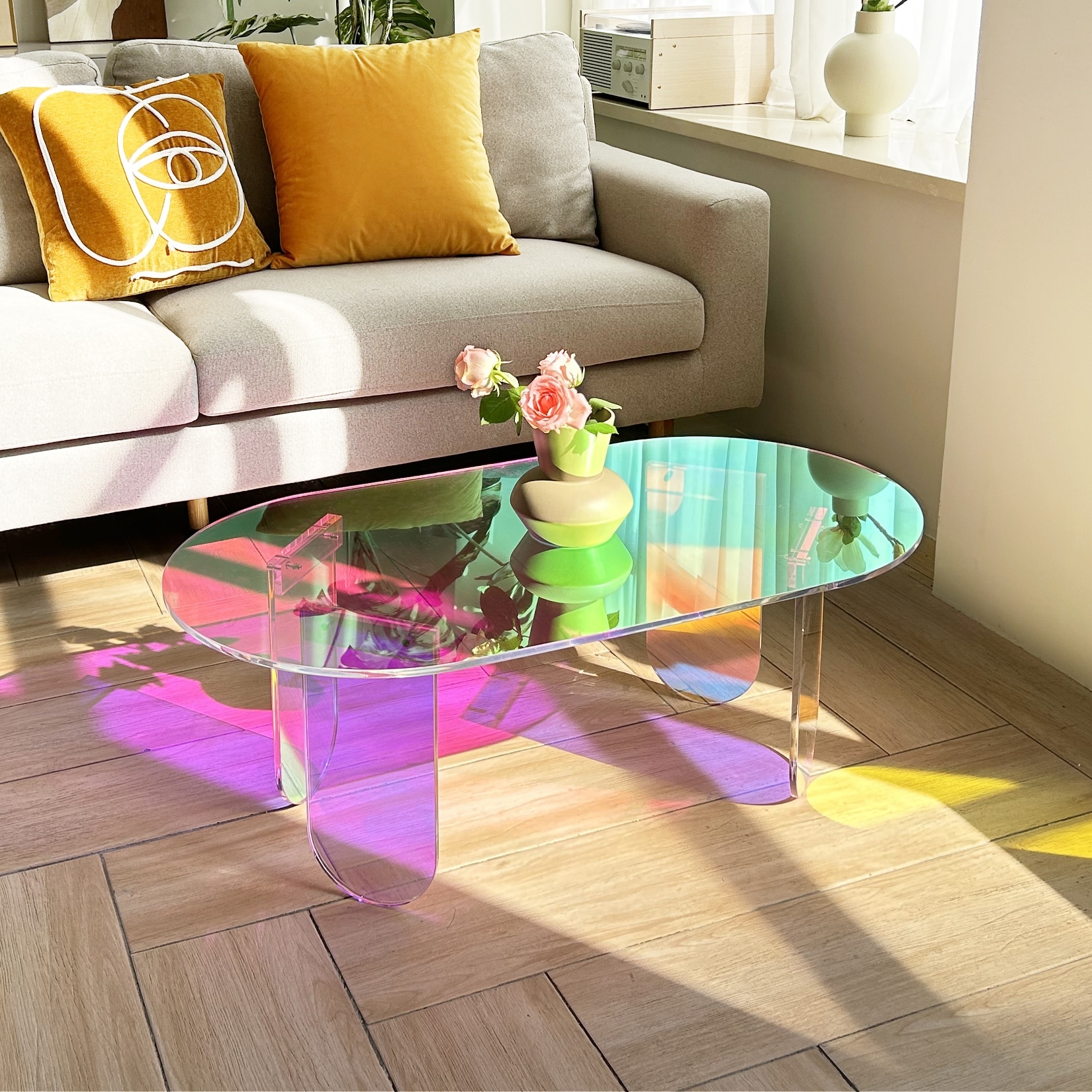 Acrylic Colorful Coffee Table Iridescent Glass End Table Side Table - 38"x20"x15"