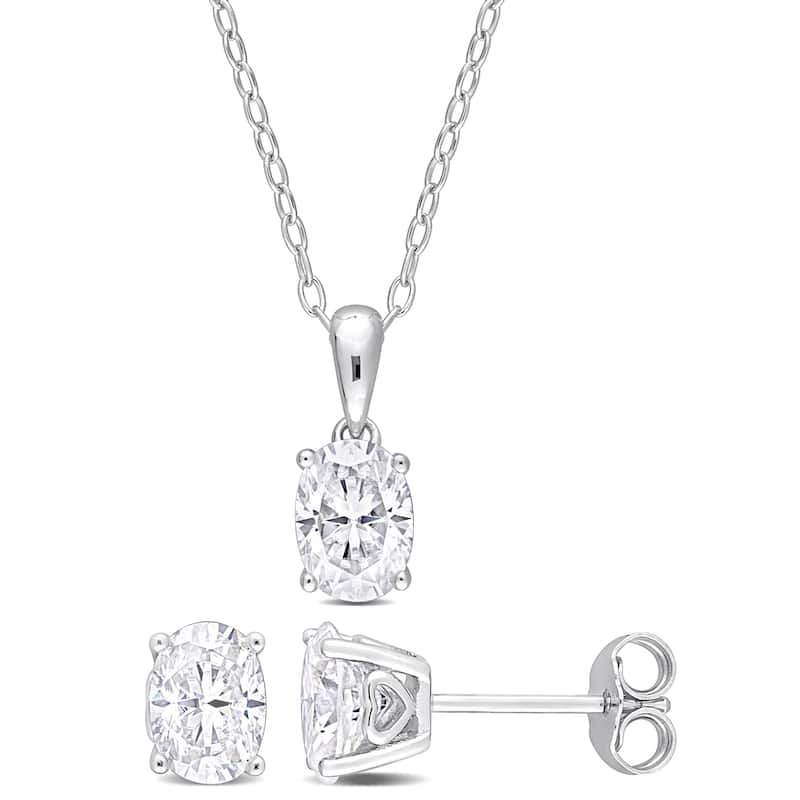 Miadora 3ct DEW Oval Created Moissanite 2-Piece Solitaire Necklace and Stud Earrings Set Sterling Silver