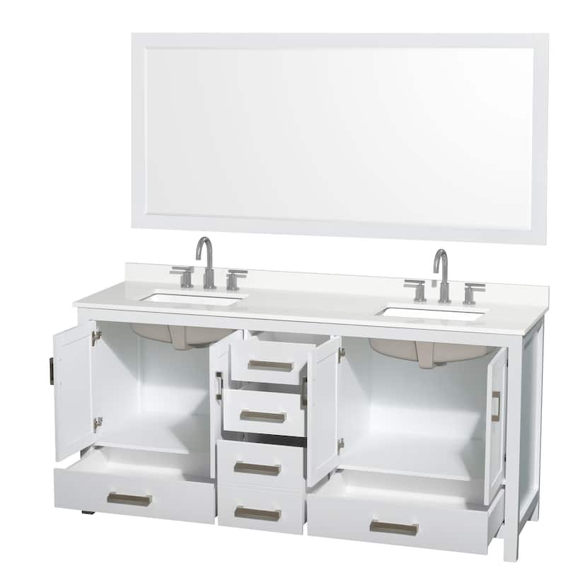 Sheffield 72-inch Double Vanity, 3 Hole Quartz Top, 70-inch Mirror