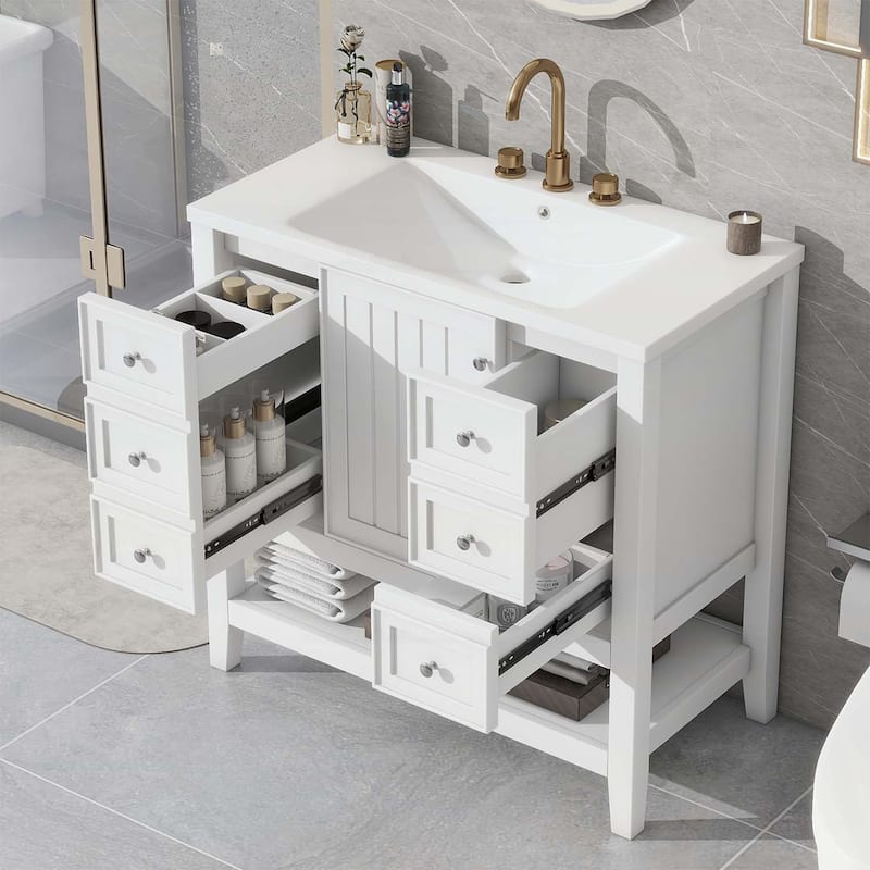 Bathroom Vanity with Sink,Cabinet,and Drawers,Open Shelf - White