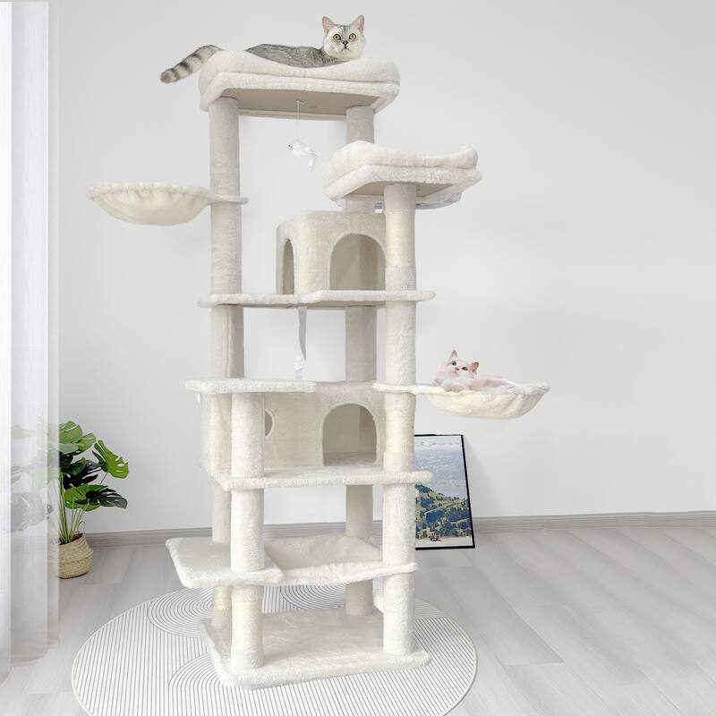 68in Tall Multi-Level Green Cat Tree with Hammocks, Hanging Basket, Cat Cave