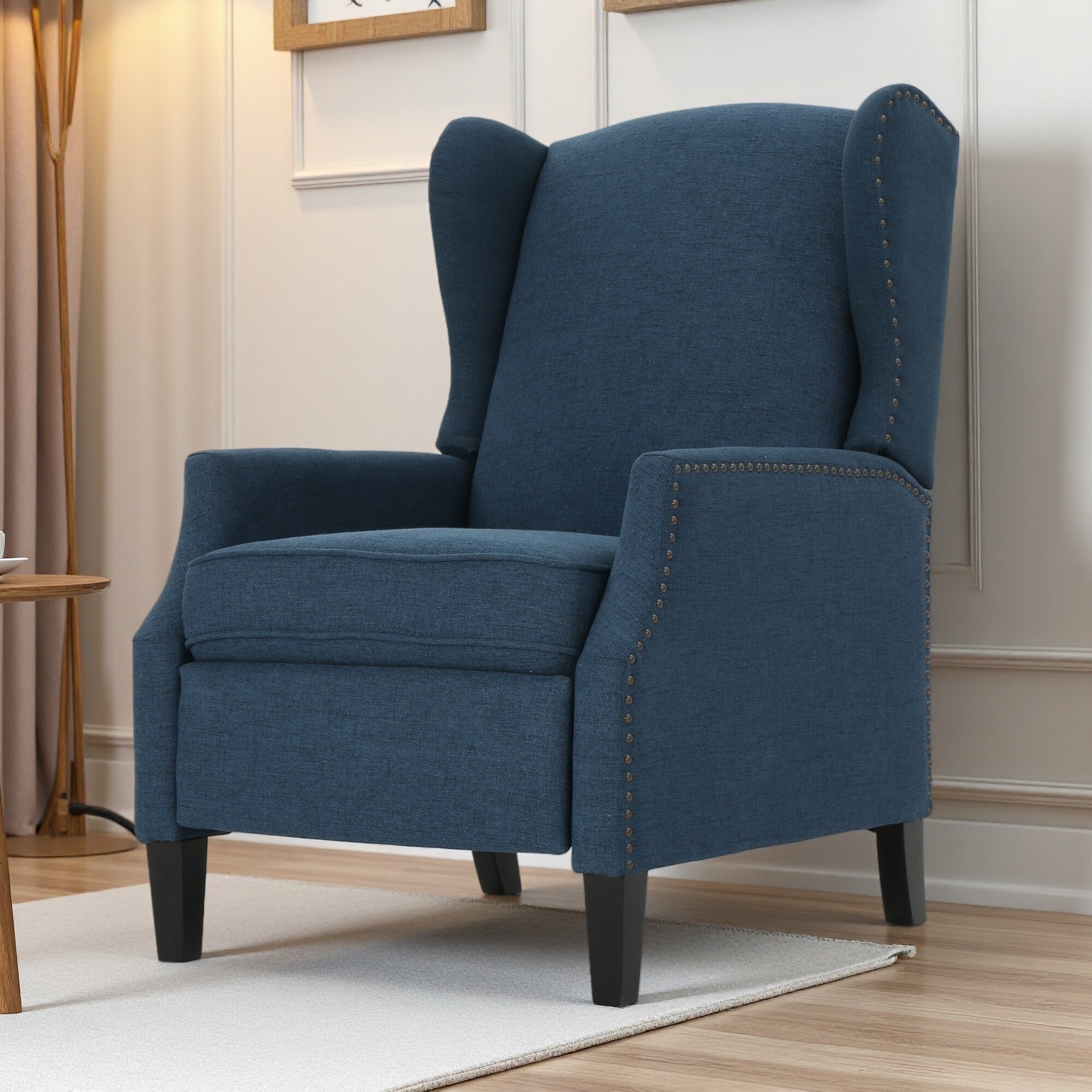 Fabric Wingback Pushback Recliner Chair with Nailhead Trim and Birch Wood Legs