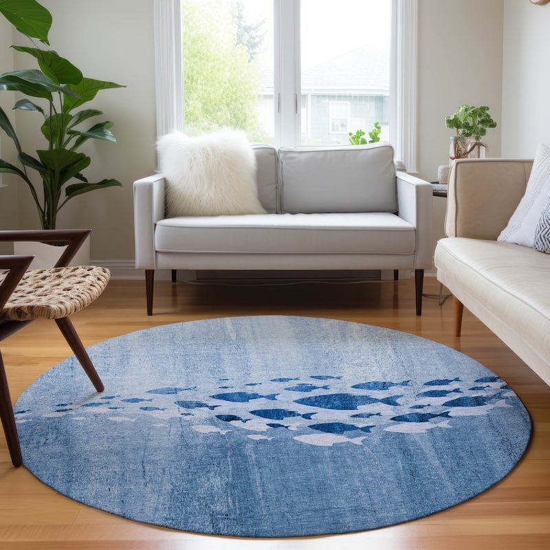 Machine Washable Indoor/ Outdoor Chantille Modern Sea Life Rug - Blue - 8' x 8'