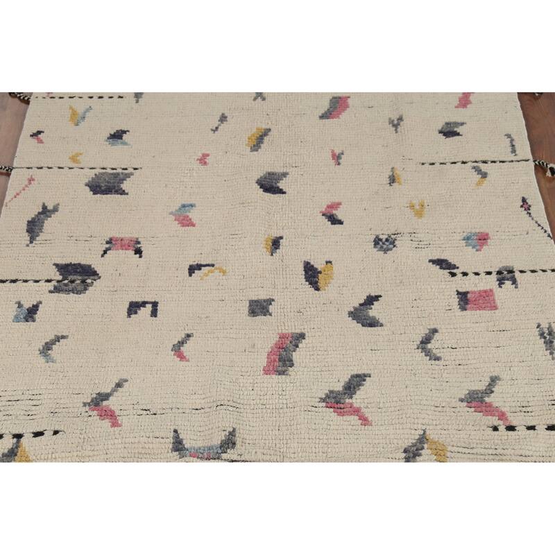 Earth Tone Moroccan Area Rug Hand-Knotted Beige Wool Carpet - 4'10"x 9'2"