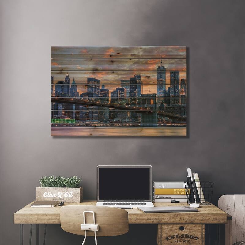 Sunset In Manhattan Print On Wood by Manjik Pictures - Multi-Color ...