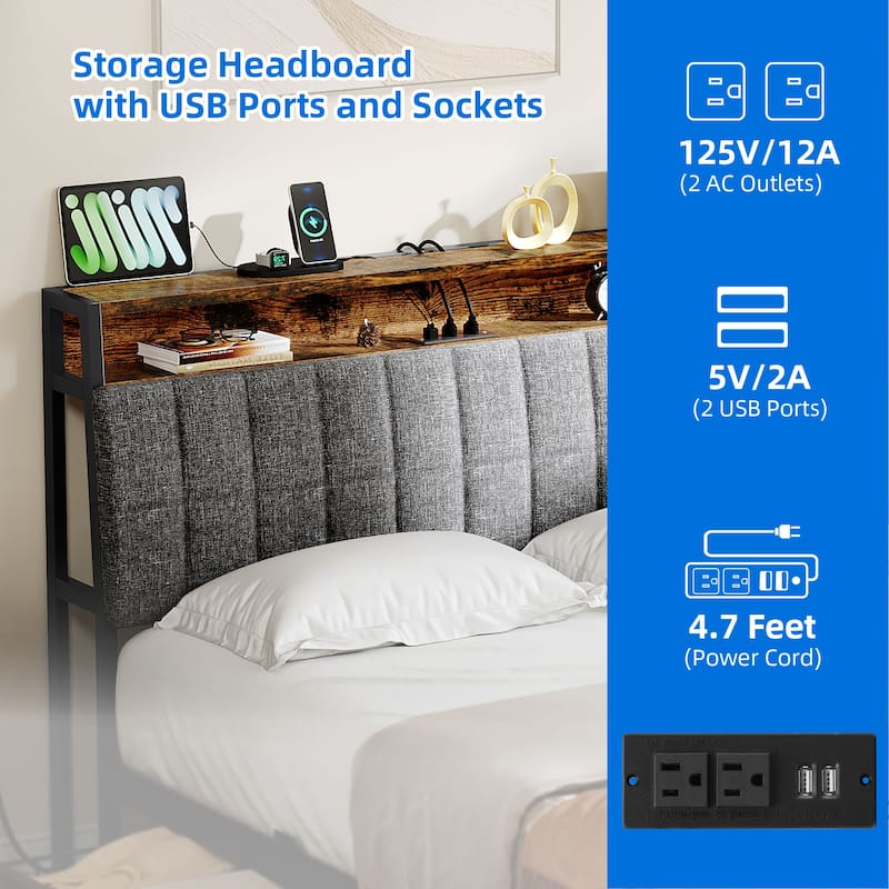 Upholstered Platform Bed with Charging Station and Storage Headboard