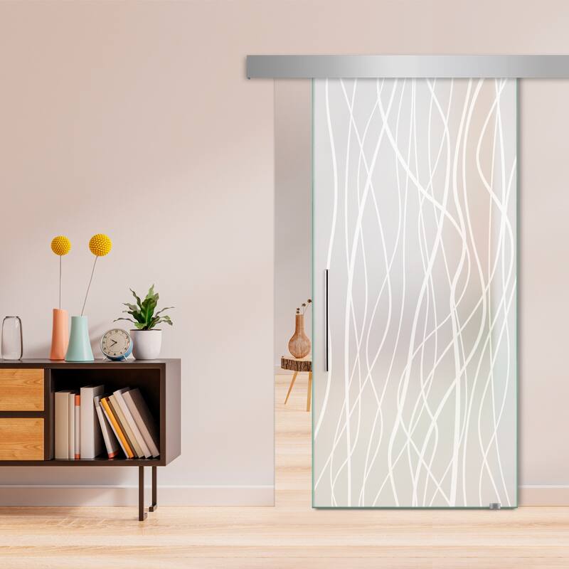 Glass Sliding Barn Door with Modern Frosted Lines Design - 42"x84" - Full Private