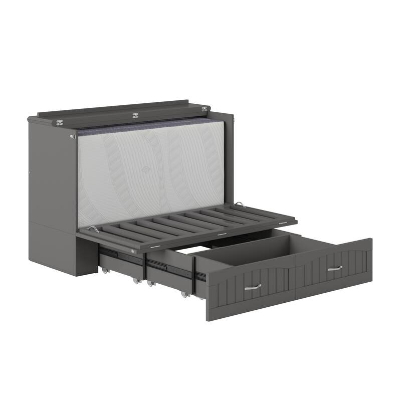 Murphy Bed Chest Full Size - Memory Foam Mattress & USB Charging - Grey Compact Space Saver