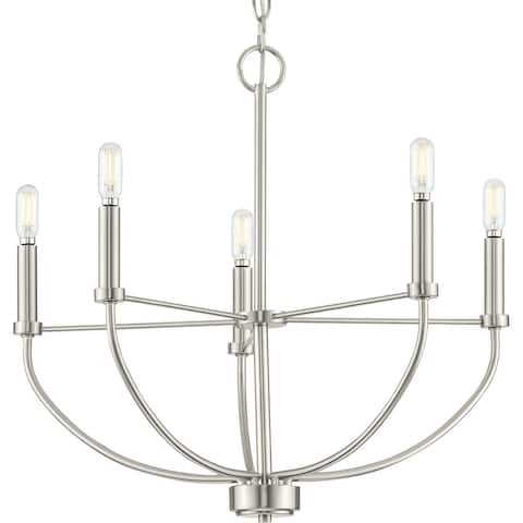 Leyden Collection Five-Light Brushed Nickel Farmhouse Style Chandelier - 22.375 in x 22.375 in x 20 in