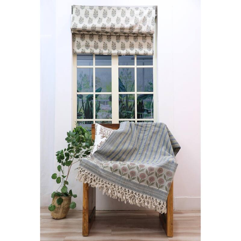 Fabdivine Choco Chips Handwoven 100% Cotton Throw Blanket - Floral Block Print Decorative Sofa & Bed Throw with Fringe, 90"x54"