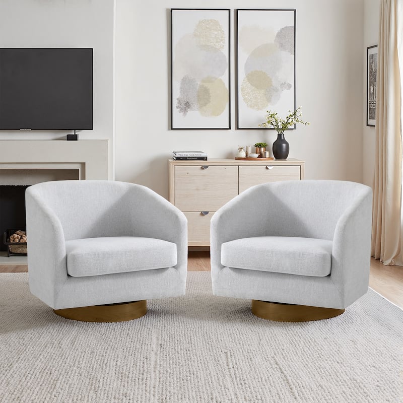 Faux Leather Wide Seat Swivel Barrel Chair - 2 Set/Brown Base - Beige/Chenille