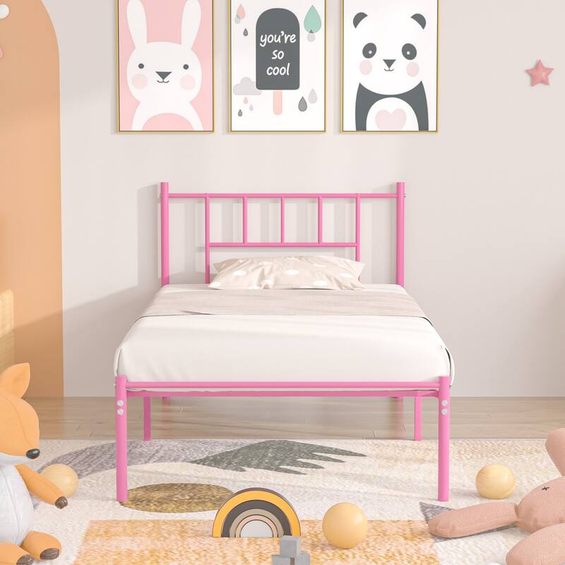 VECELO Victorian Style 14 Inch Metal Platform Bed Frame with Headboard, Heavy Duty Steel Slat Support, No Box Spring Needed - Pink - Twin