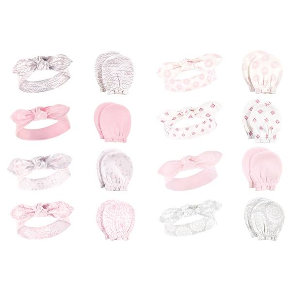 slide 1 of 1, Hudson Baby Infant Girl 16Pc Cotton Headband and Scratch Mitten Set, Gray Feather Lace Medallion, 0-6 Months Gray Feather Lace Medallion - 0-6 Months
