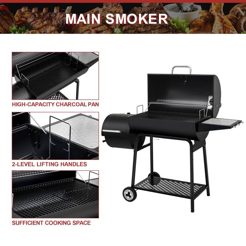 Royal Gourmet 30-Inch Barrel Charcoal Grill with Offset Smoker, 811 Square Inches, Patio and Parties, Black