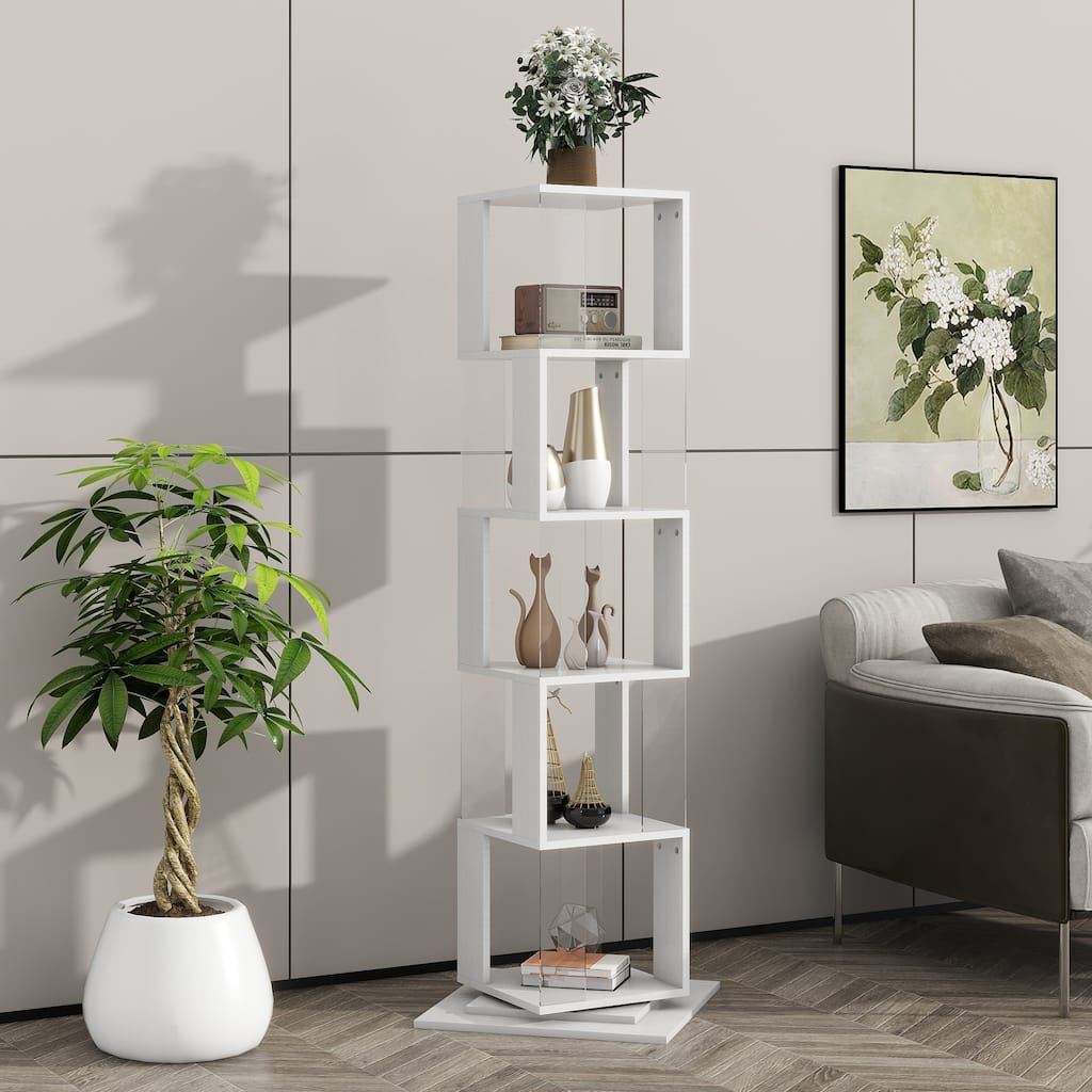 5 tier Rotating Bookshelf,Floor Rack Bookcase with Acrylic plate Student Multi-Function Creative Bookshelf，anti-toppling base