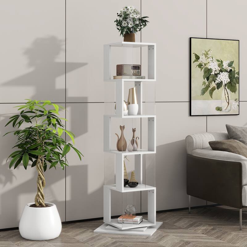 Anmytek Modern 360° Rotating Bookshelf 5-Tier Tall Display Shelf with Acrylic Plate for Home Office Living Room Bedroom