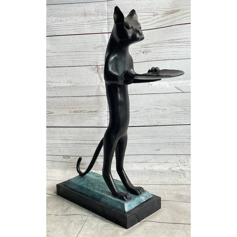 Standing Imitative Cat Holding Tray Business Card Holder Bronze Sculpture Statue Original Art Decor