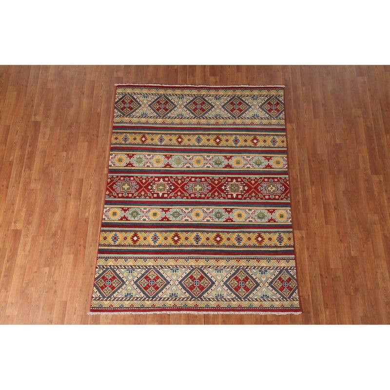Striped Geometric Kazak Area Rug Hand-Knotted Wool Carpet - 4'11" x 6'7"