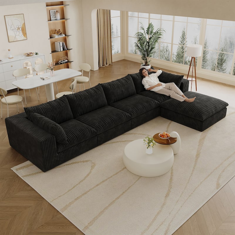 Corduroy L-shaped Sectional Sofa with Chaise Lounge, Deep Seat Modular Couch with Ottoman and Double-layer Seat Cushions