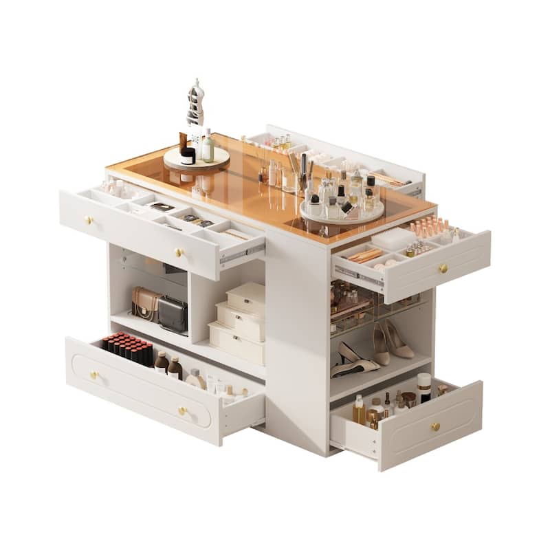 47.30" Glass-Top Closet Island Makeup Vanity with 6 Drawers and Open Shelves