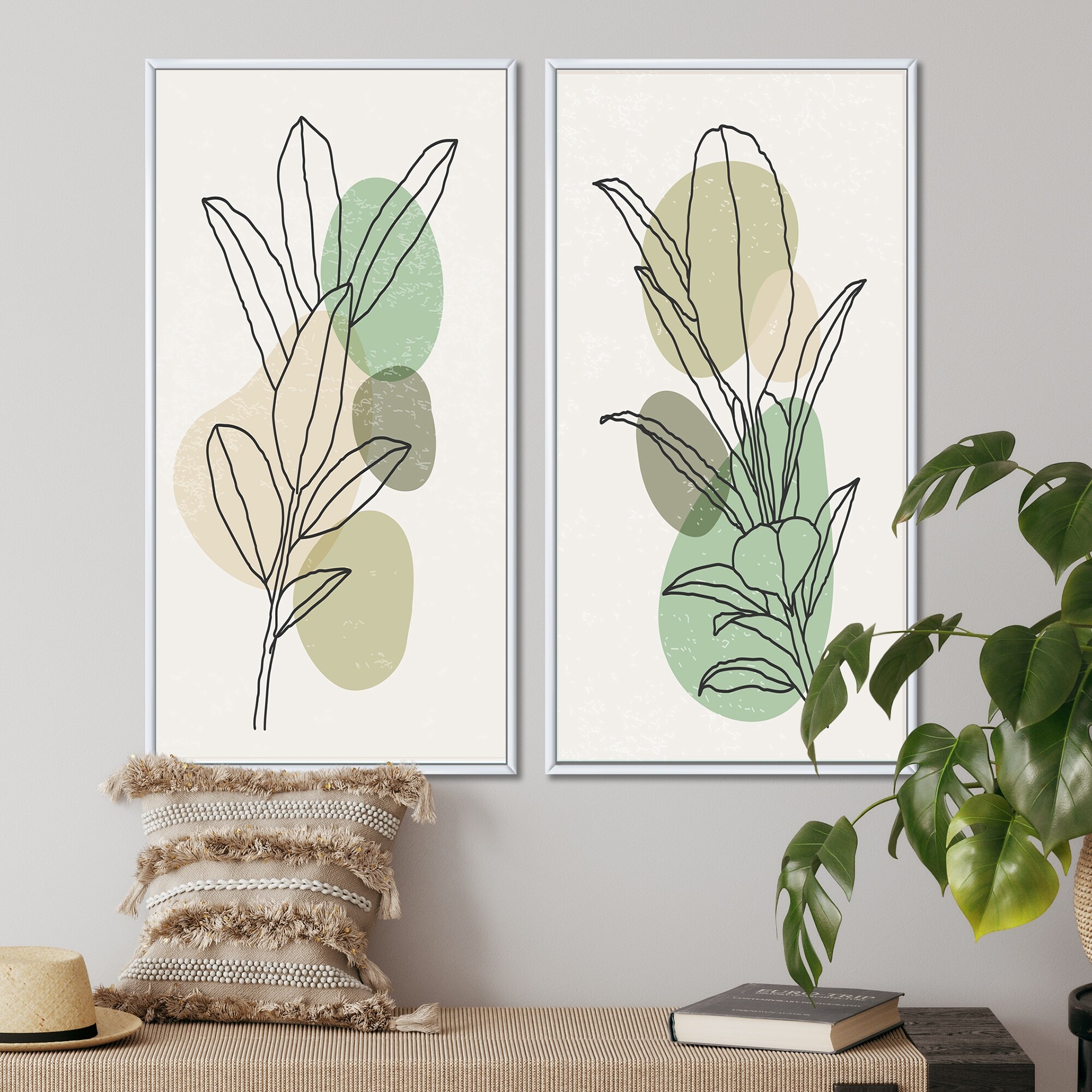 Designart "Green Botanical Abstract Leaves V" Geometric Framed Art Set of 2 Pieces
