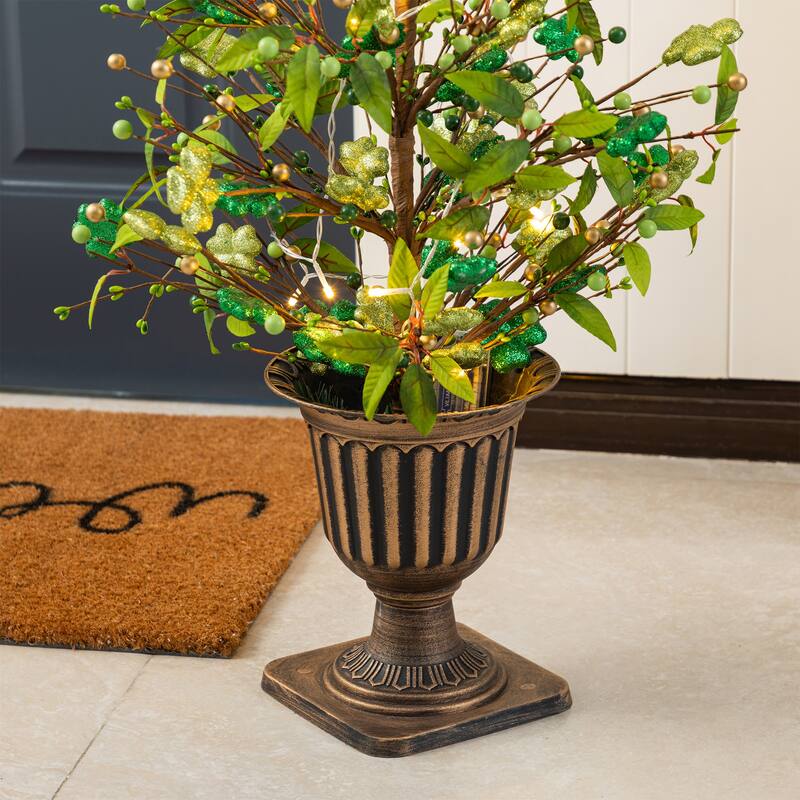 Glitzhome 36"H LED Lightd St. Patrick's Shamrock Urn Porch Tree with Timer