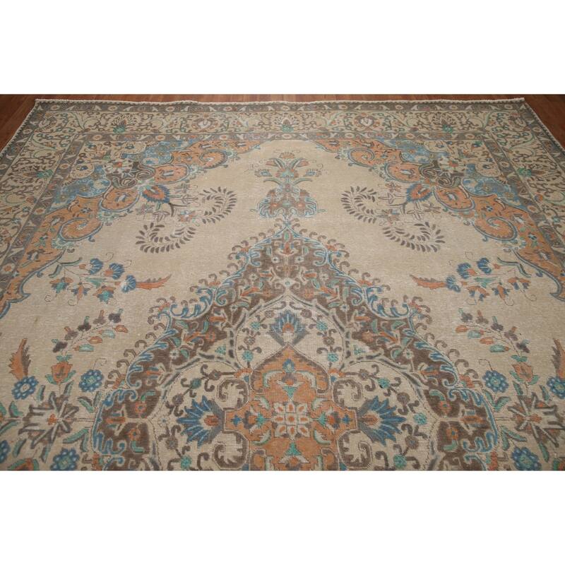Hand Knotted Oriental 100% Wool Carpet Traditional Floral Beige & Ivories Tabriz Area Rug - 12' 11'' X 9' 6''