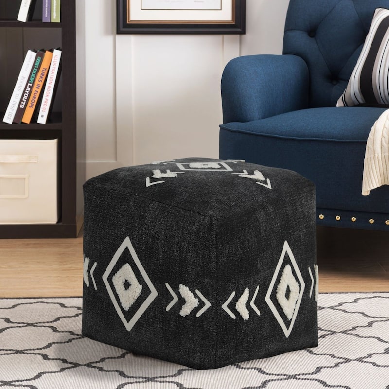 18" Black and White Diamond Medallion Square Pouf Ottoman