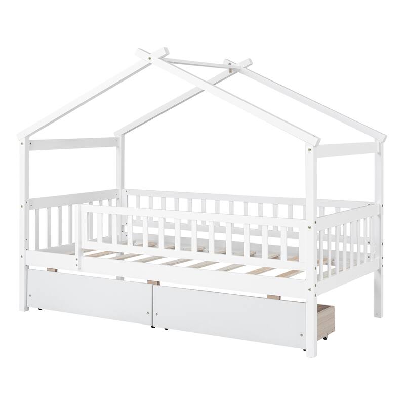 Twin Size House Bed with Two Drawers and Roof Design, Pine Wood Frame