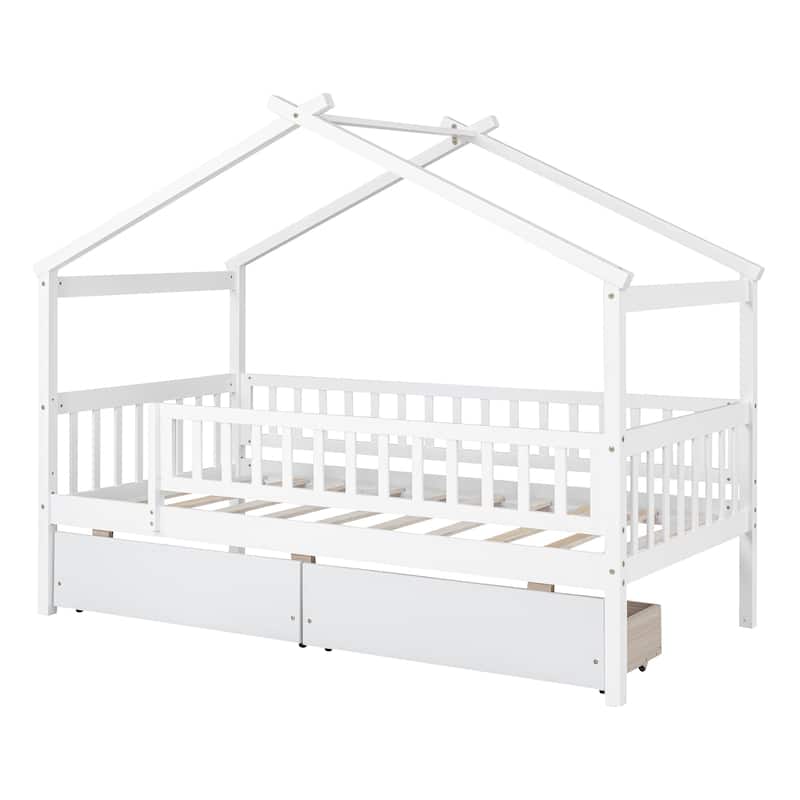 Wooden House Bed for Kids with Two Storage Drawers, Sturdy Twin Size Design