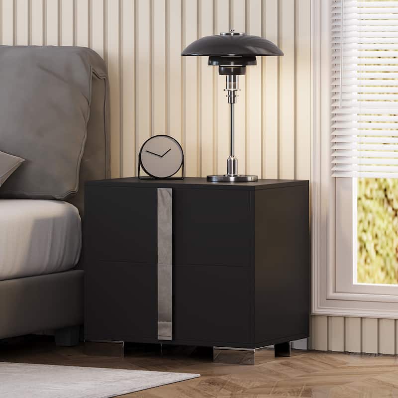 Modern End Table with Drawers, Elegant Nightstand with Metal Foot,Wood Bedside Table with Mirrored Metal Handles