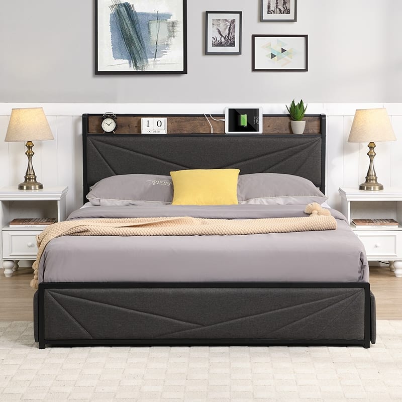 Queen Bed Frame, Storage Headboard with Charging Station, Solid and