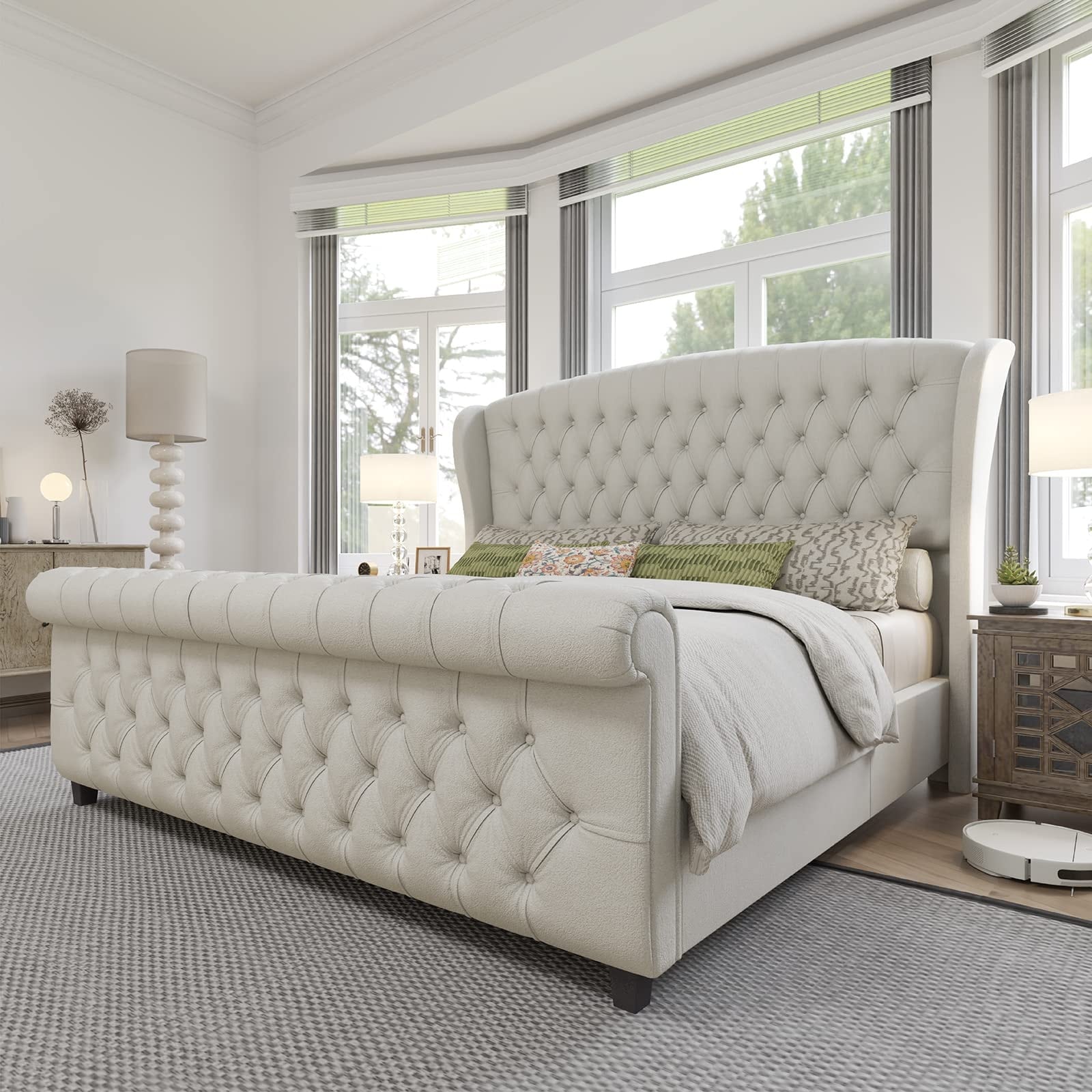 King Platform Bed Frame, Chenille Upholstered Sleigh Bed