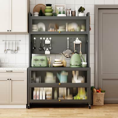 Kitchen Metal Storage Cabinets with Transparent Flip Door & 4 Rolling Wheels, Microwave Stand with 4 Tier Bakers Rack