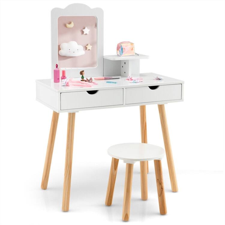 Children's Vanity Table and Chair Set with Mirror and 2 Spacious Storage Drawers - N/A