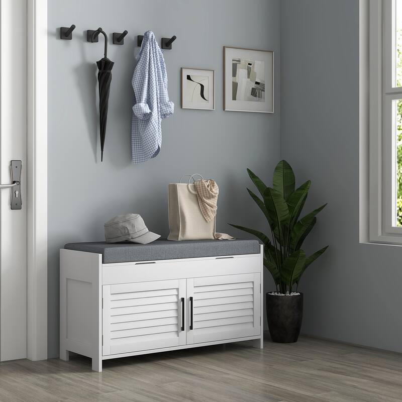 Shutter Doors Shoe Bench, Entryway Bench with Hidden Compartments