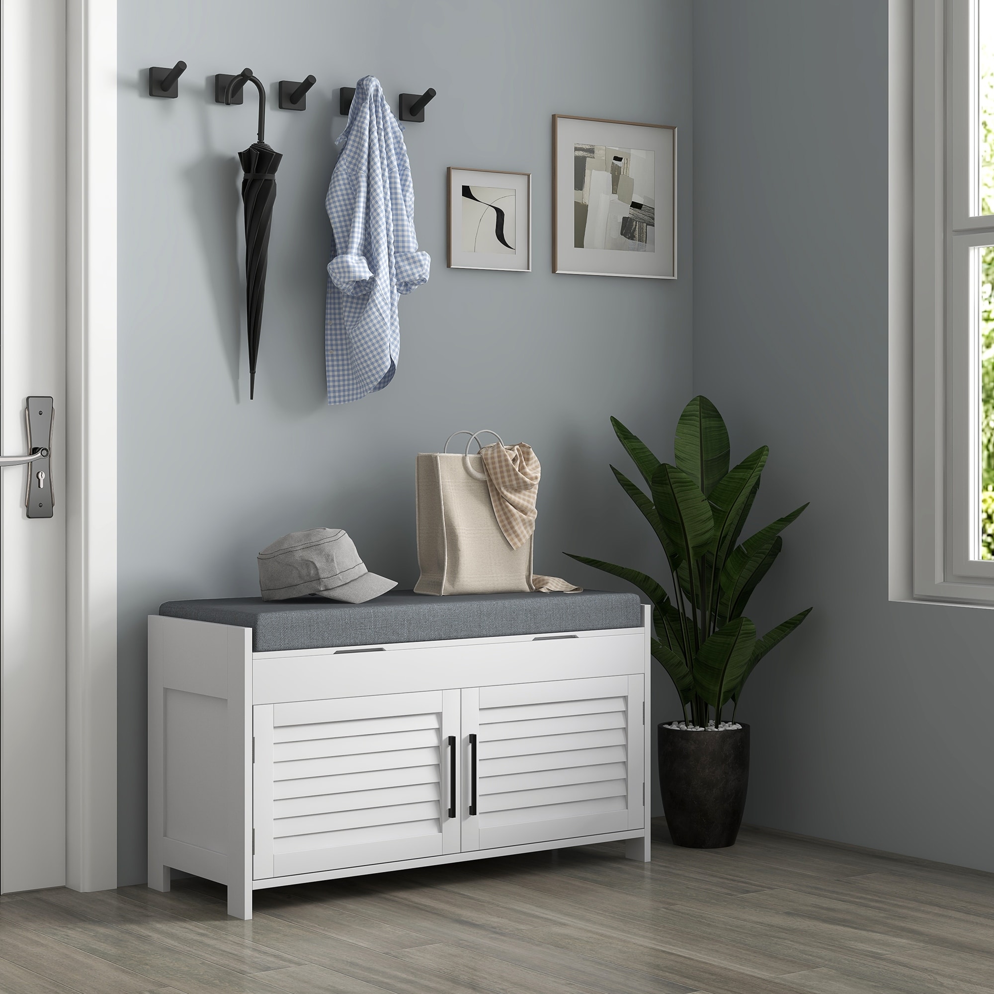 White Shoe Bench Storage Bench Entryway Bench with Padded Seat, Hallway Bench Indoor Bench Corridor Bench
