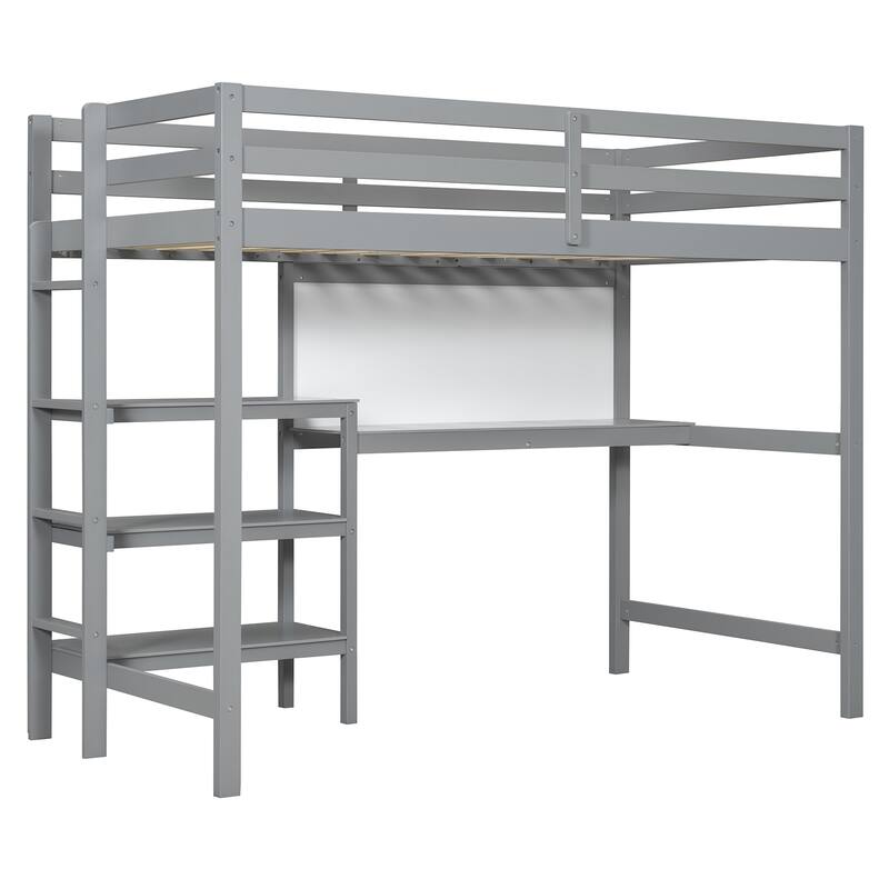 Twin Size Wooden Loft Bed with Shelves, Desk and Writing Board