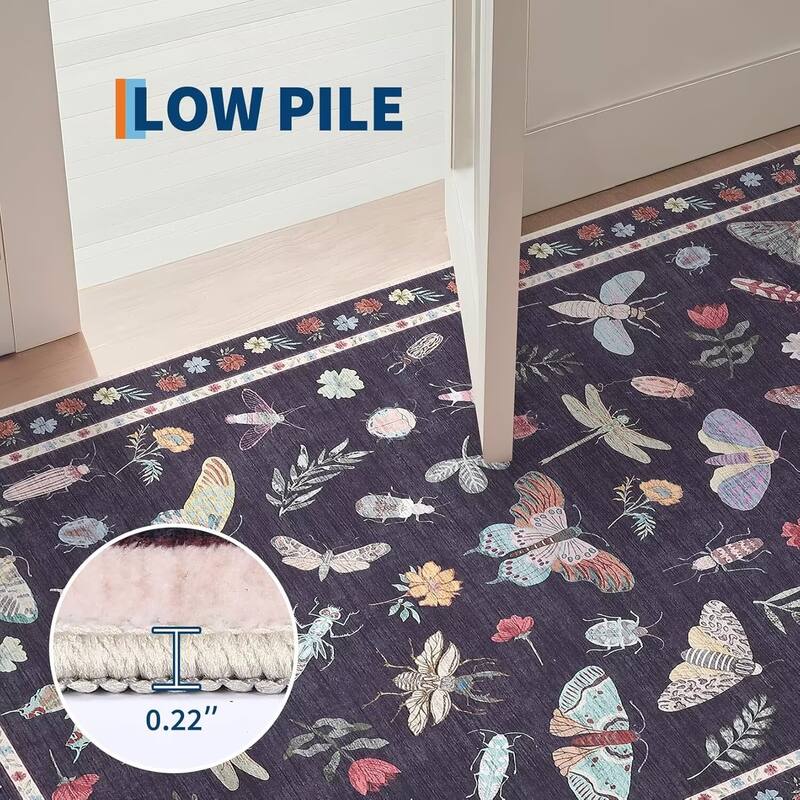 Floral Insect Print Washable Area Rugs for Living Room, Modern Non Slip Low Pile Area Rug
