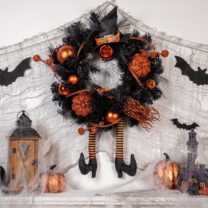 Witch and Pumpkins Halloween Wreath - 24" - Orange and Black - Unlit