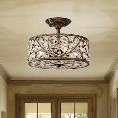 Runa Caged Drum Semi-Flushmount Ceiling Lamp with Crystal Ornaments Antique Bronze - Antique-Bronze