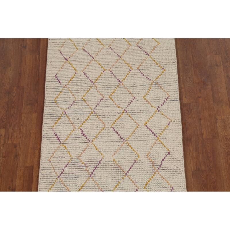 Trellis Moroccan Runner Rug Hand-Knotted Wool Carpet - 2'6"x 12'6"