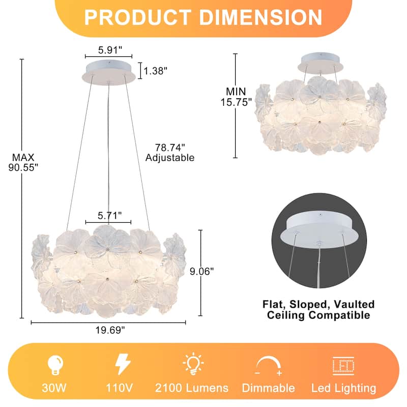 Modern LED Chandelier Clear & Frosted Glass Floral Petals Dimmable