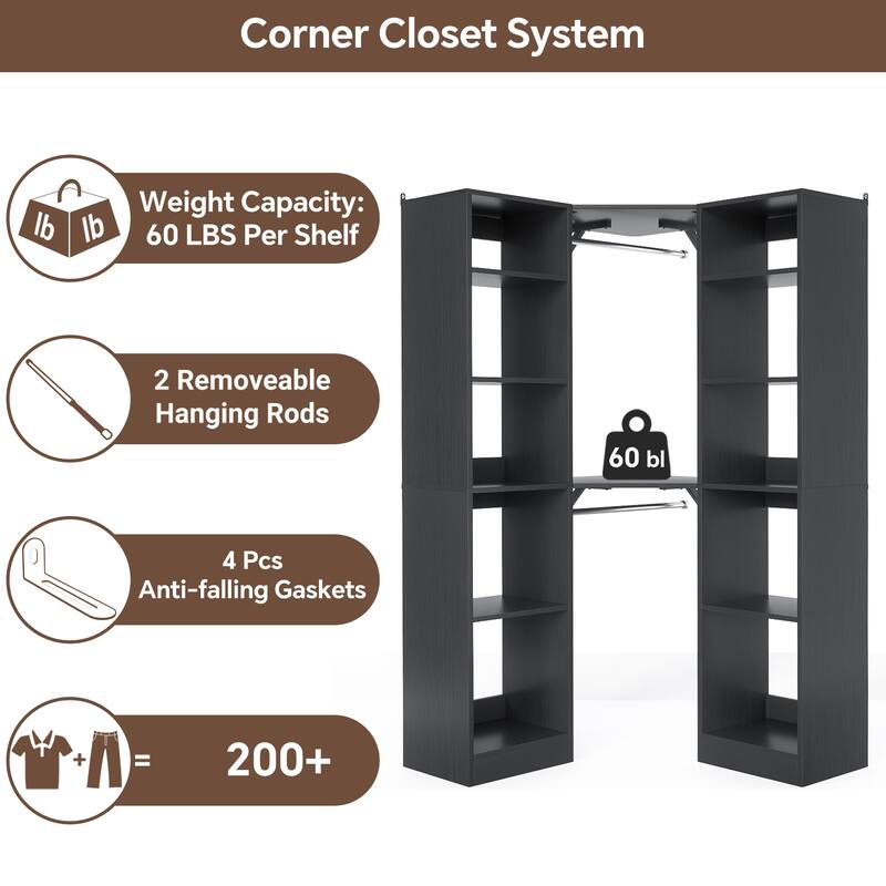 Kyrvo Corner Closet System with 12 Shelves and 2 Hanging Rods, 40"W x 80"H Freestanding Walk-in Closet Organizer System