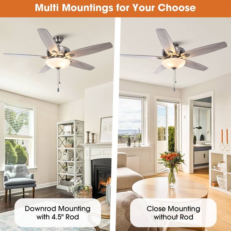 52" Traditional Antique Silver Frosted Glass Ceiling Fan with Light and Pull Chain